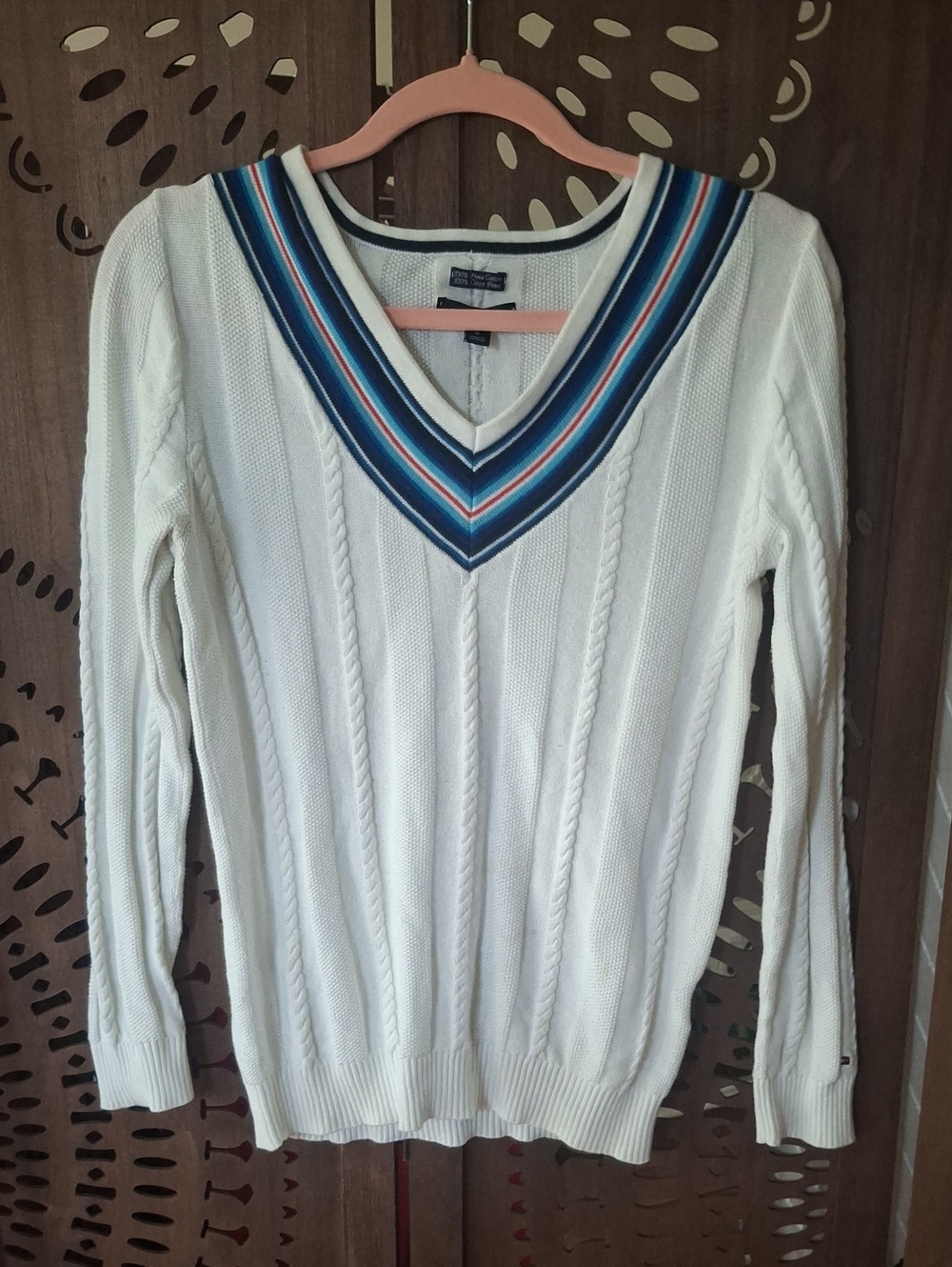 Tommy Hilfiger White Pima Cotton Cable Knit Varsity Cricket Sweater M